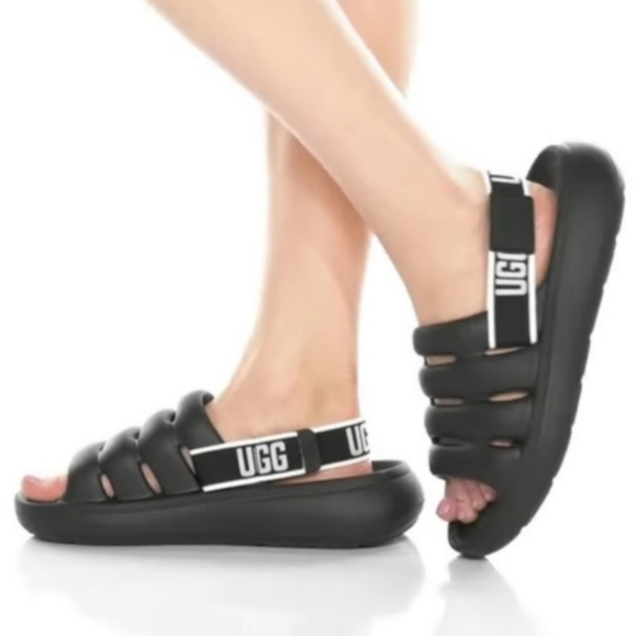 UGG Shoes - UGG Sport Yeah Sandals 9 Black Slides logo Print Backstrap